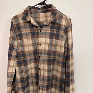 Quince Stretch Sweater fleece shirt - mocha check, size small